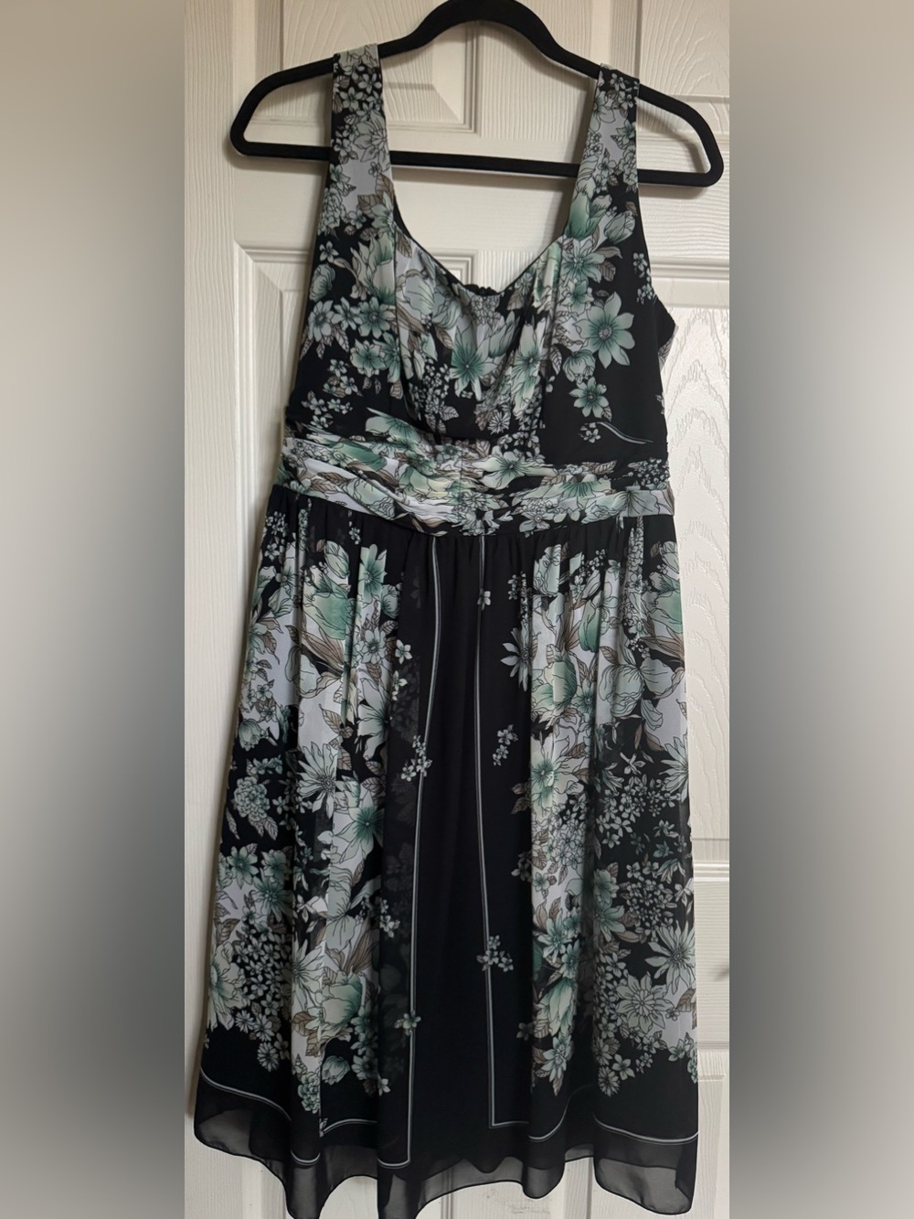 EUC Dress Barn Black Midi Dress with Green Floral Print, Size